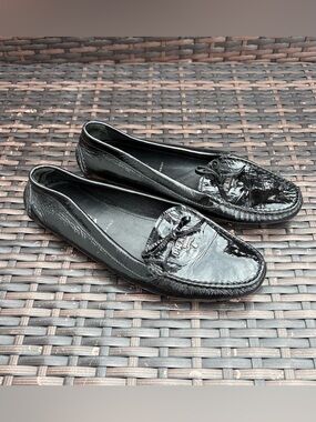 PRADA Black Patent Leather Bow Slip On Loafers | Size 37.5